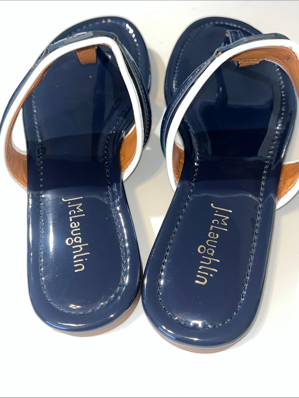 J. McLaughlin Navy Patent Leather Thong Sandals with White Trim - Picture 13 of 13